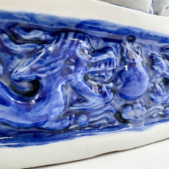 Antique Chinese Neck Pillow Blue and White Chinoiserie Dragon Boat Porcelain - Picture 8 of 13